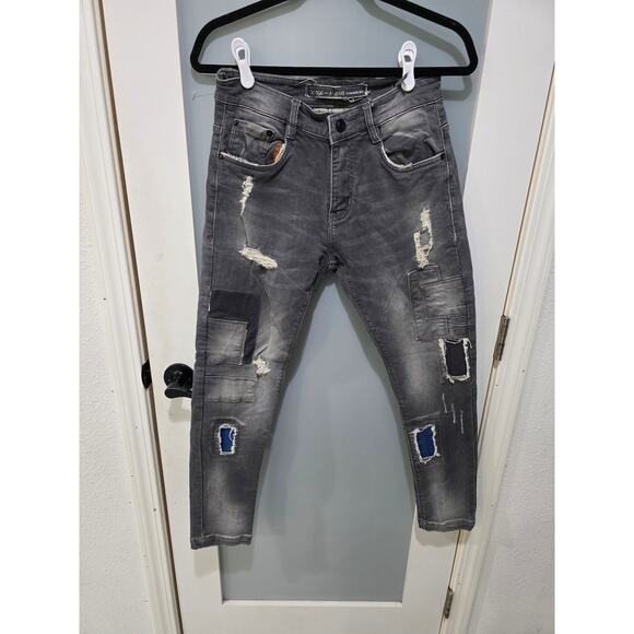LR Fang Distressed Patch Jeans Gray 30 Slim Tapered Moto Streetwear - Picture 1 of 10